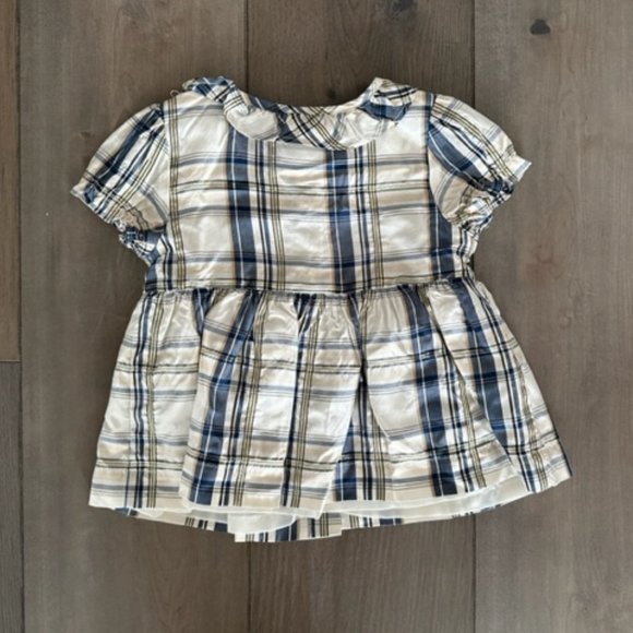 JANIE AND JACK GIRLS PLAID SILK METALLLIC SHORT SLEEVE LINED BLOUSE TOP - Picture 2 of 2